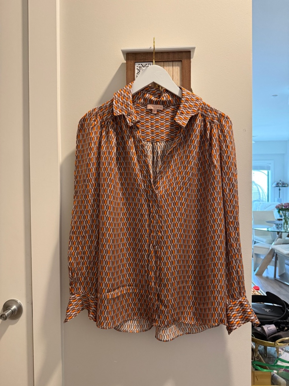 Printed Button-Front Blouse in Orange & White